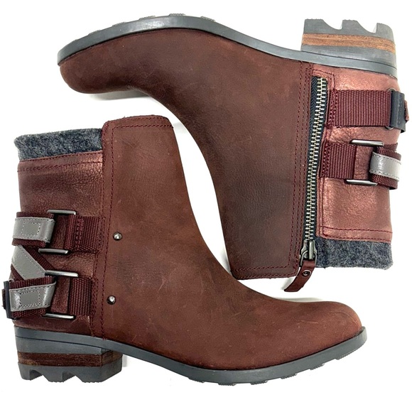 Sorel Shoes - Sorel Brown Leather Ankle Boots with Metallic Accent & Felt Cuff